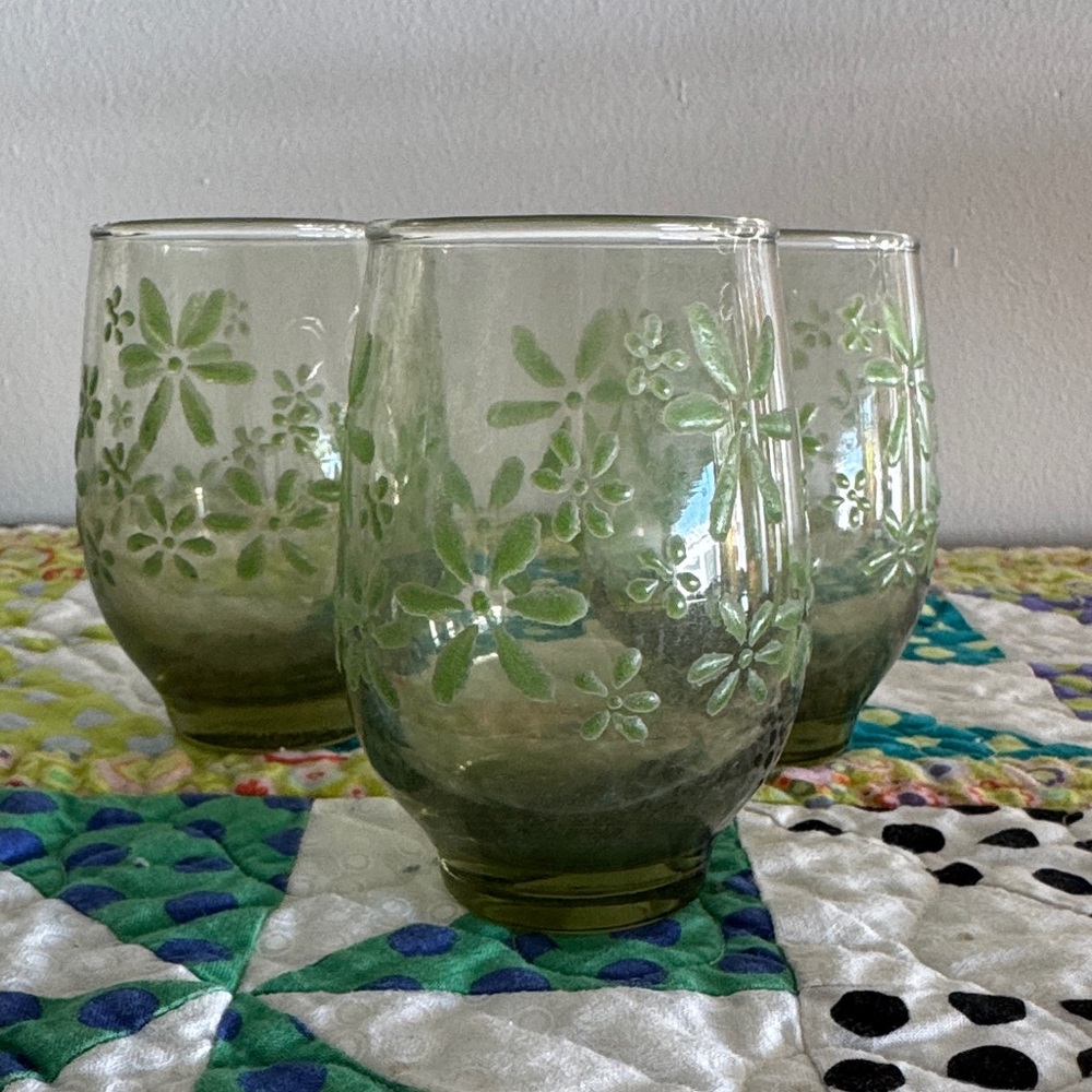 Vintage 60s/70s MCM Libbey Floral Green Juice Glasses, Mint Bouquet Set of 3
